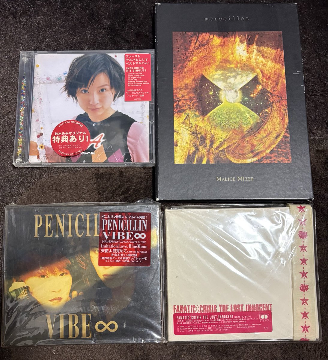sonishita8866's tweet photo. #最もよく聴いた90年代のアルバムを4枚あげる
#鈴木あみ
#fanatic◇crisis
#penicillin
#MALICE MIZER https://t.co/rO8PJXgvfz