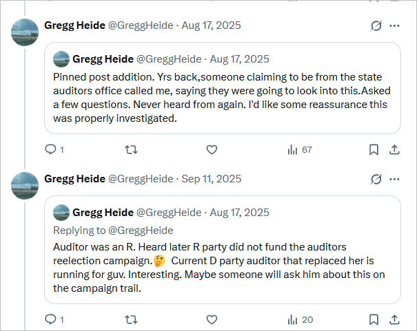 GreggHeide's tweet photo. From my pinned post. Maybe someone will ask Rob Sand what became of this. and it would be nice if that state rep. that said "I got told not to look into that" would elaborate. https://t.co/mOJD0AojlT
