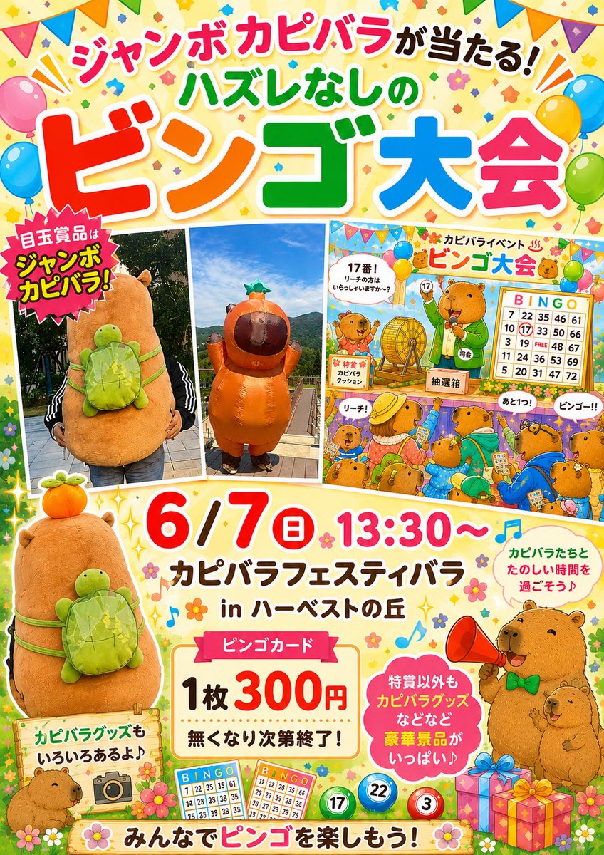 capybara5179's tweet photo. 明日もカピバラフェスティバラ❓inハーベストの丘へ！✨雨でも大ビンゴ大会は13時半より開催されます！ハズレなしのビンゴ大会は1枚300円で販売します☺️✨
#capybara 
#ハーベストの丘
#カピバラ https://t.co/5sgZOW1qJq