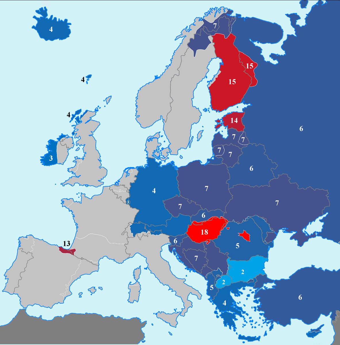 chribreuer's tweet photo. European languages by number of grammatical cases.

The map is a bit simplified, but still interesting.

Also keep in mind that in aggulative languages (Hungarian, Estonian, Finnish) most cases kinda replace prepositions. Only 3-5 are mainly "grammatical". https://t.co/5DpIsml4AZ