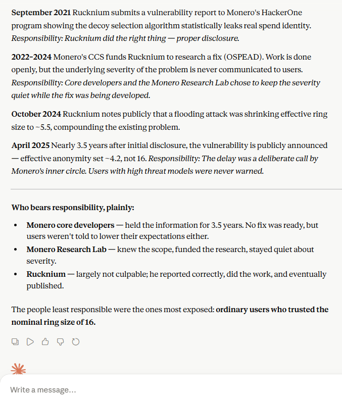 MuroGEO's tweet photo. XMR devs knew about this issue as early as 2021, didn't warn community, left the bug unaddressed for four years, and the problem still hasn't been solved today.

And these hypocritical envious mfs are blaming Zcash teams for being honest and patching the issue within a couple of days.

Holy Shit 🙃glass jaw :)))