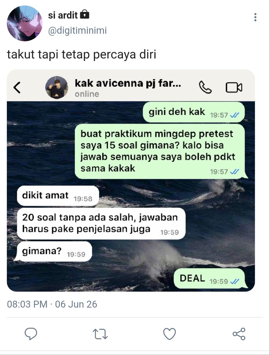 ryultwt's tweet photo. rulnyul few tweets au
: lika-liku arditya untuk merebut hati avicenna, kakak aslab farmakoterapi yang dia taksir setengah mati. https://t.co/lZoF8yhAsK