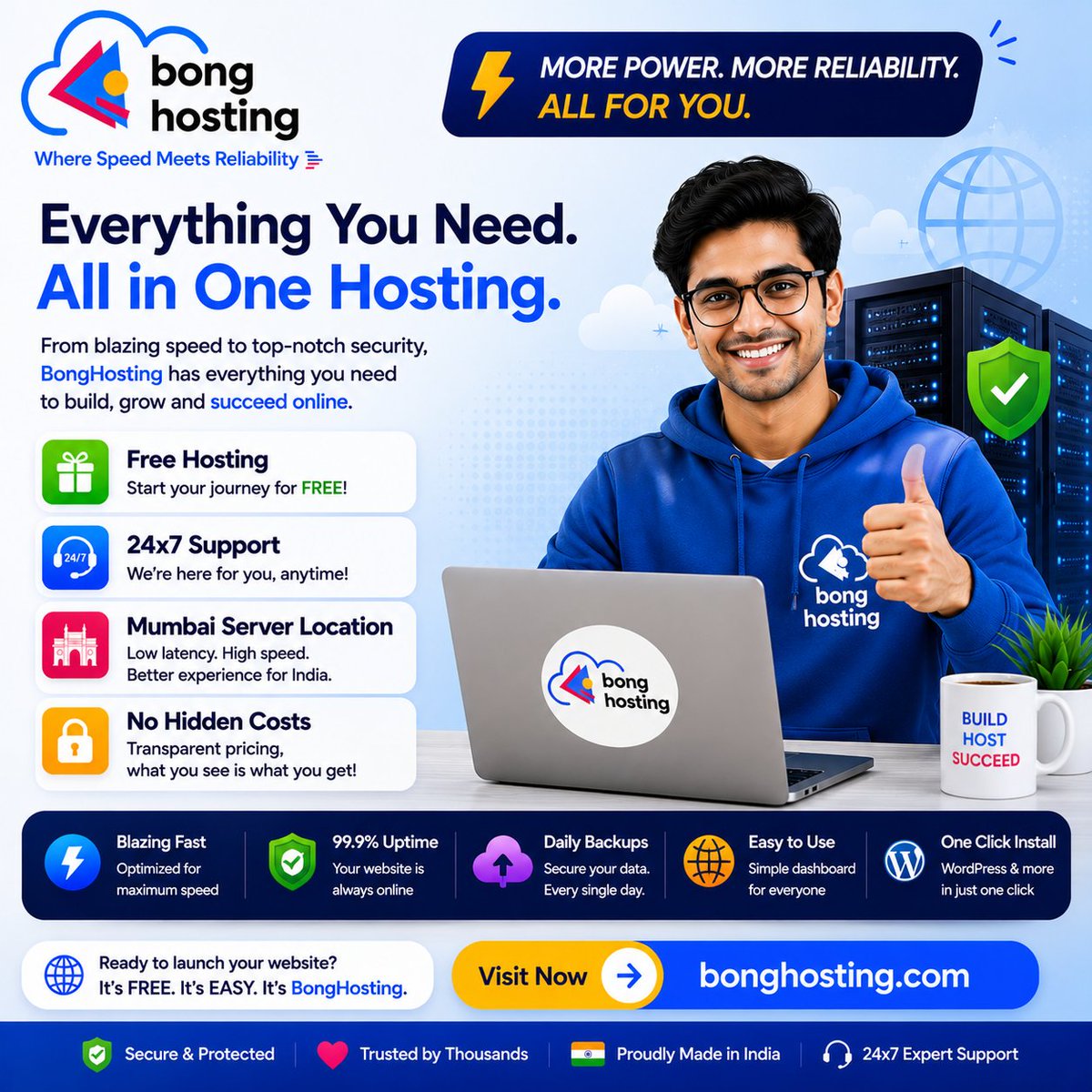 BongHosting's tweet photo. 🚀 One hosting provider. Everything you need.

⚡ Fast Hosting
💬 24x7 Support
🇮🇳 Mumbai Servers
💸 No Hidden Costs
🌐 https://t.co/VHdrK1DpP4
#BongHosting #WebHosting #HostingIndia #CloudHosting #StartupIndia #ReliableHosting https://t.co/nluxwglSPv