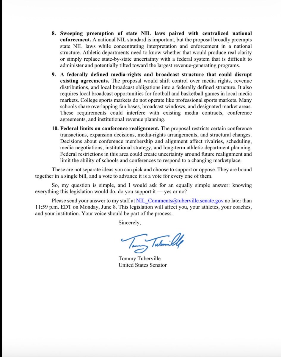 CodyC64's tweet photo. @sentuberville (aka “Coach”). Sent this letter to a bunch of college athletic directors, apparently in attempt to undercut the great progress on and momentum behind the bi-partisan Protect College Sports Act. 

According to his letter, Coach sees eligibility exemptions for Military Service, Religious Missions, and Pregnancy as a bad thing?  I thought he was pro military, pro faith, and pro family??

Instead of running a subversive and sneaky campaign (probably at someone else’s behest - you obviously hasn’t even read the thing), wherein you misrepresent and confuse the contents of the bill, and try to get a bunch of AD’s worked up, why don’t you just walk down the hall, share your experience with your colleagues, and offer some constructive ways to make the bill even better?  Your wisdom and experience would be welcomed in the conversation.   

Inform yourself, read the bill, and stop trying to play political games.  You know, as well as anyone, that the lives and futures of hundreds of thousands of young athletes hang in the balance.