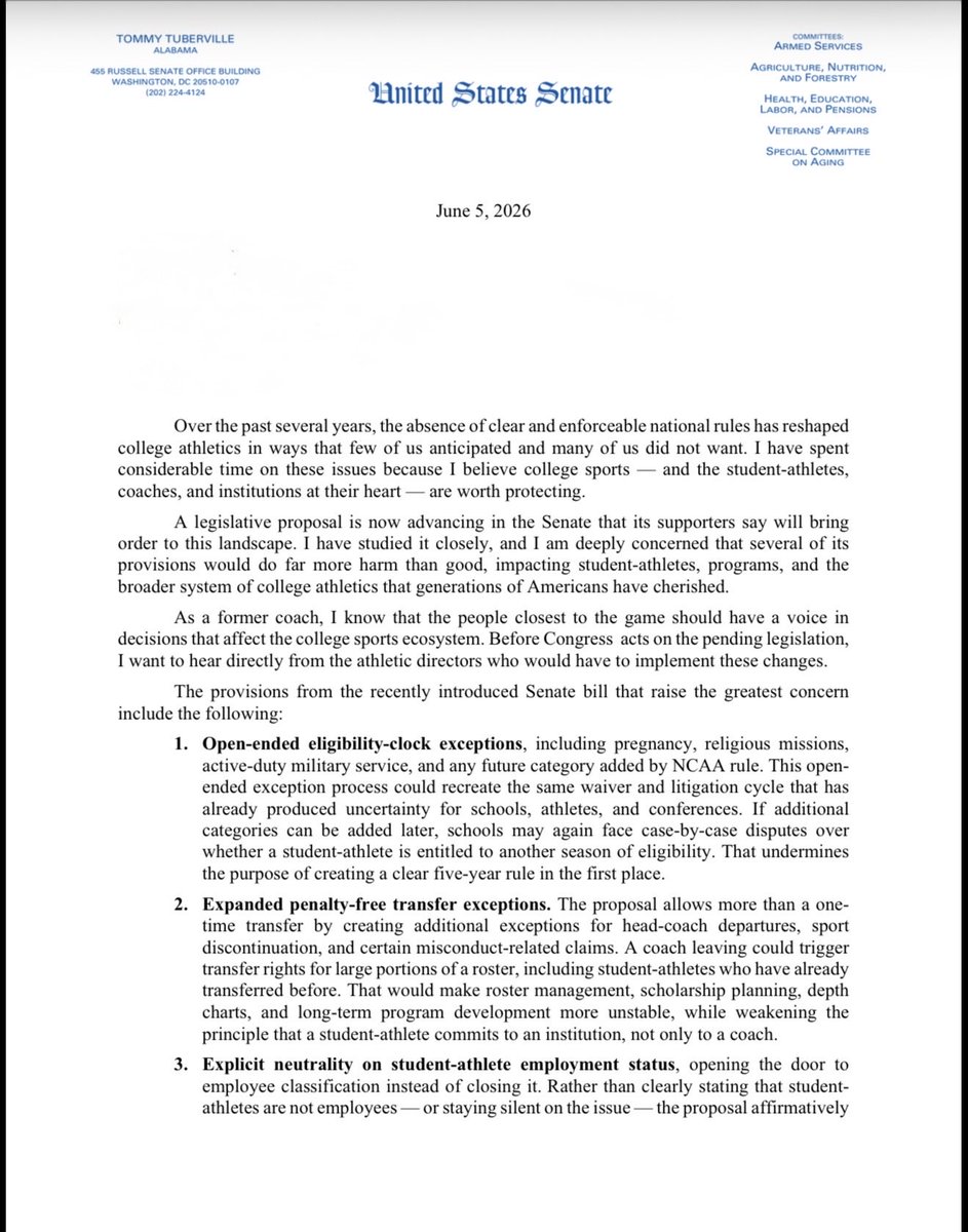 CodyC64's tweet photo. @sentuberville (aka “Coach”). Sent this letter to a bunch of college athletic directors, apparently in attempt to undercut the great progress on and momentum behind the bi-partisan Protect College Sports Act. 

According to his letter, Coach sees eligibility exemptions for Military Service, Religious Missions, and Pregnancy as a bad thing?  I thought he was pro military, pro faith, and pro family??

Instead of running a subversive and sneaky campaign (probably at someone else’s behest - you obviously hasn’t even read the thing), wherein you misrepresent and confuse the contents of the bill, and try to get a bunch of AD’s worked up, why don’t you just walk down the hall, share your experience with your colleagues, and offer some constructive ways to make the bill even better?  Your wisdom and experience would be welcomed in the conversation.   

Inform yourself, read the bill, and stop trying to play political games.  You know, as well as anyone, that the lives and futures of hundreds of thousands of young athletes hang in the balance.