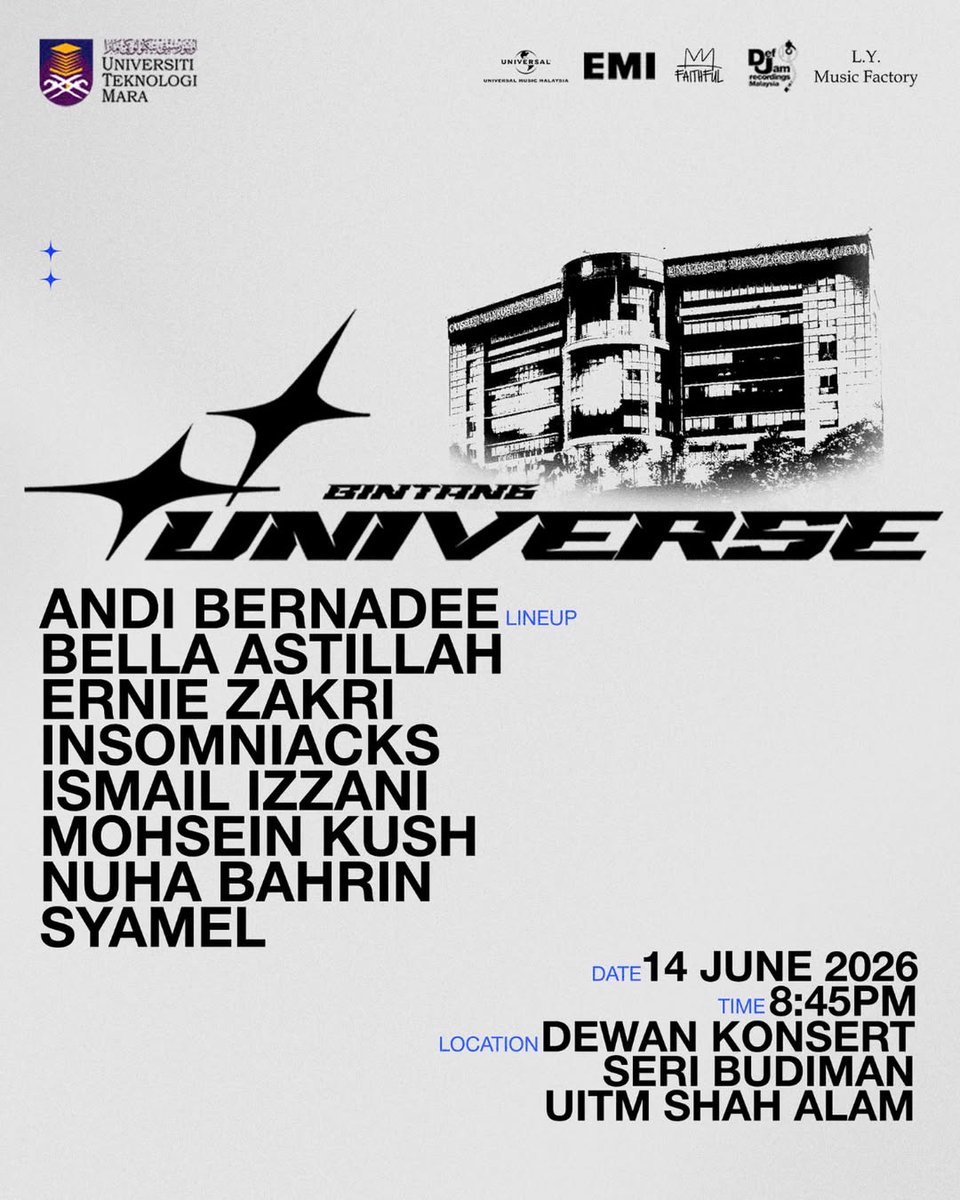 cartapop's tweet photo. Universal Music Malaysia unveils the line-up for "Bintang Uni-Verse" concert at UiTM Shah Alam on 14 June 2026. https://t.co/NYmX8YflJU