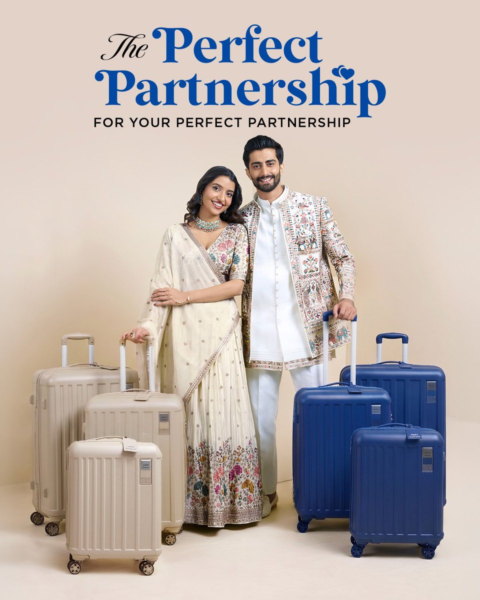 Manyavar_'s tweet photo. Congratulations to the new couple. May your luggage zips never get stuck, your wheels always roll smooth, and your journey together be everything you packed for.

The Safari X Manyavar Wedding collection is built for wherever forever begins. 

#ShaadiKaSafar #Manyavar #Safari #WeddingEssentials #ShaadiReady