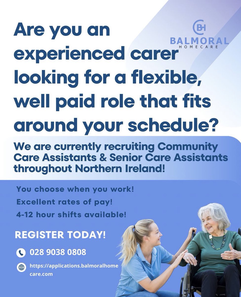 BalmoralHome's tweet photo. Are you an experienced Community Care Assistant or Senior Community Care Assistant and looking for a flexible, well paid role that fits around your schedule?📆

Registration is quick and easy! Simply register below⬇️
🧑‍💻 https://t.co/cAbh2TefLD https://t.co/Ki98od3TH2