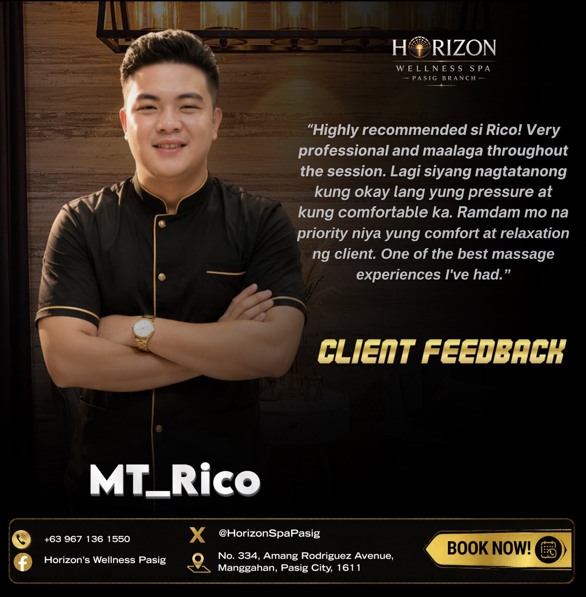 HorizonSpaPasig's tweet photo. 🌟 Client Approved, Stress Removed! 🌟

Thank you for the amazing feedback and for trusting MT Rico with your wellness journey. 💆‍♂️✨

We’re delighted to hear that his professionalism, attentiveness, and commitment to client comfort made your massage experience truly memorable.

🌿 Looking for a therapist who listens, cares, and delivers exceptional relaxation? MT Rico is ready to help you unwind.

📩 Book your session today and discover why clients highly recommend MT Rico!