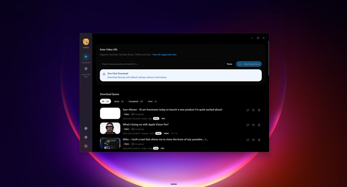 cydia_mriphone's tweet photo. 🔥 VidBee | برنامج مجاني ومفتوح المصدر لتنزيل الفيديوهات والصوتيات من أكثر من 1000 موقع!

⚡ واجهة عصرية وسهلة الاستخدام
🎬 يعتمد على yt-dlp القوي
📥 تنزيل فيديوهات وصوتيات بأعلى جودة
🔄 يدعم RSS لتنزيل المقاطع الجديدة تلقائياً من صناع المحتوى المفضلين لديك
يدعم الـ Mac ويندوز ولينكس
للتحميل
https://t.co/KmDAUSErWu