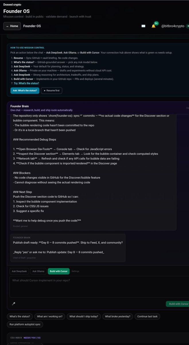 Bitbro4crypto's tweet photo. @deepseek_ai can make this tweet so you just focus on work. It tracks all the work on GitHub and summarizes the work done by you. Click X button on website to share , no X API required.
Code on the go #COTG
30 commits in 24h. Not fluff — every one syncs project memory so the AI never forgets what you're building. $HTTPS infrastructure is getting…
Crypto forgot who actually builds.
#BYOK BRING YOUR OWN KEY
No scams. No pump & dumps. No extractors.
Back real builders. Bring back #HODL.
Build in public. Fund what ships.
curated founders, proof of conviction, Founder OS for shippers.
Join https://t.co/GJ6qbJ9fgN
🎁 10,000 DDollar free at signup
📈 Trade any token for free
🏆 Build a following through skill
https://t.co/B8liOTTHLQ https://t.co/rdEJQ494i8