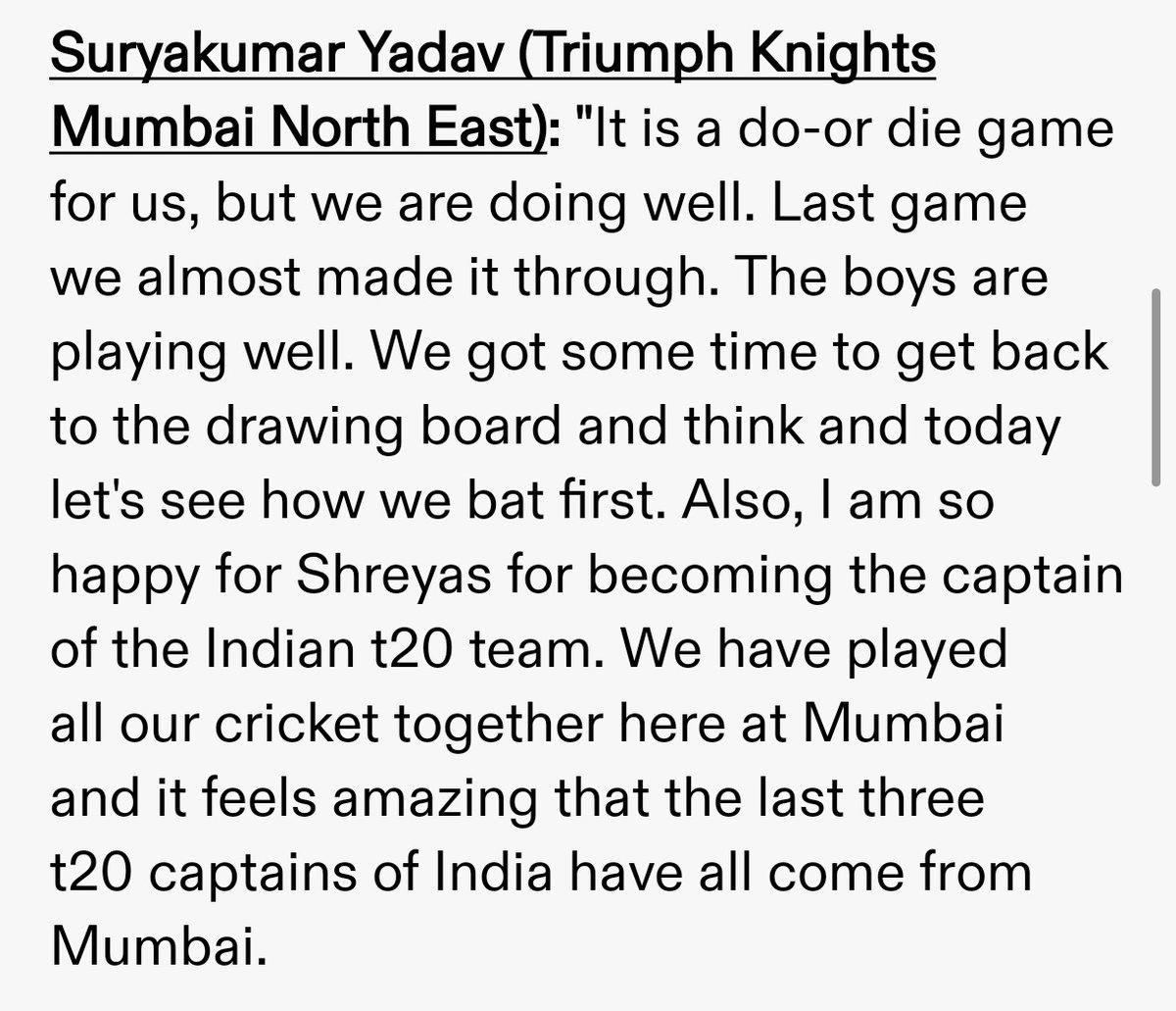 sky_63_mr_t20i's tweet photo. Suryakumar Yadav is the most secure cricketer ever. He said that he is so happy for Shreyas for becoming Indian T20 Captain. 

How do people hate him despite him being such a selfless person ? https://t.co/7aPjKG9TxQ