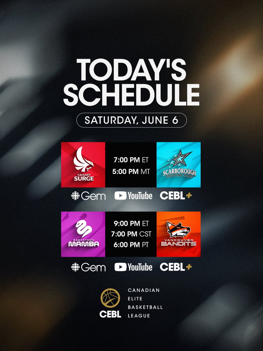 CEBLeague's tweet photo. Saturday night hoops incoming 🔥

First up we have a 2023 Finals rematch between the @CalgarySurge and the @sss_cebl , then we have the @vancitybandits hosting the @saskatoonmamba in Kelowna 🤩

🎟️ https://t.co/dLZB1CN9mS 📺 Stream the games on CBC Gem, https://t.co/duemQi7nFX, YouTube and CEBL+