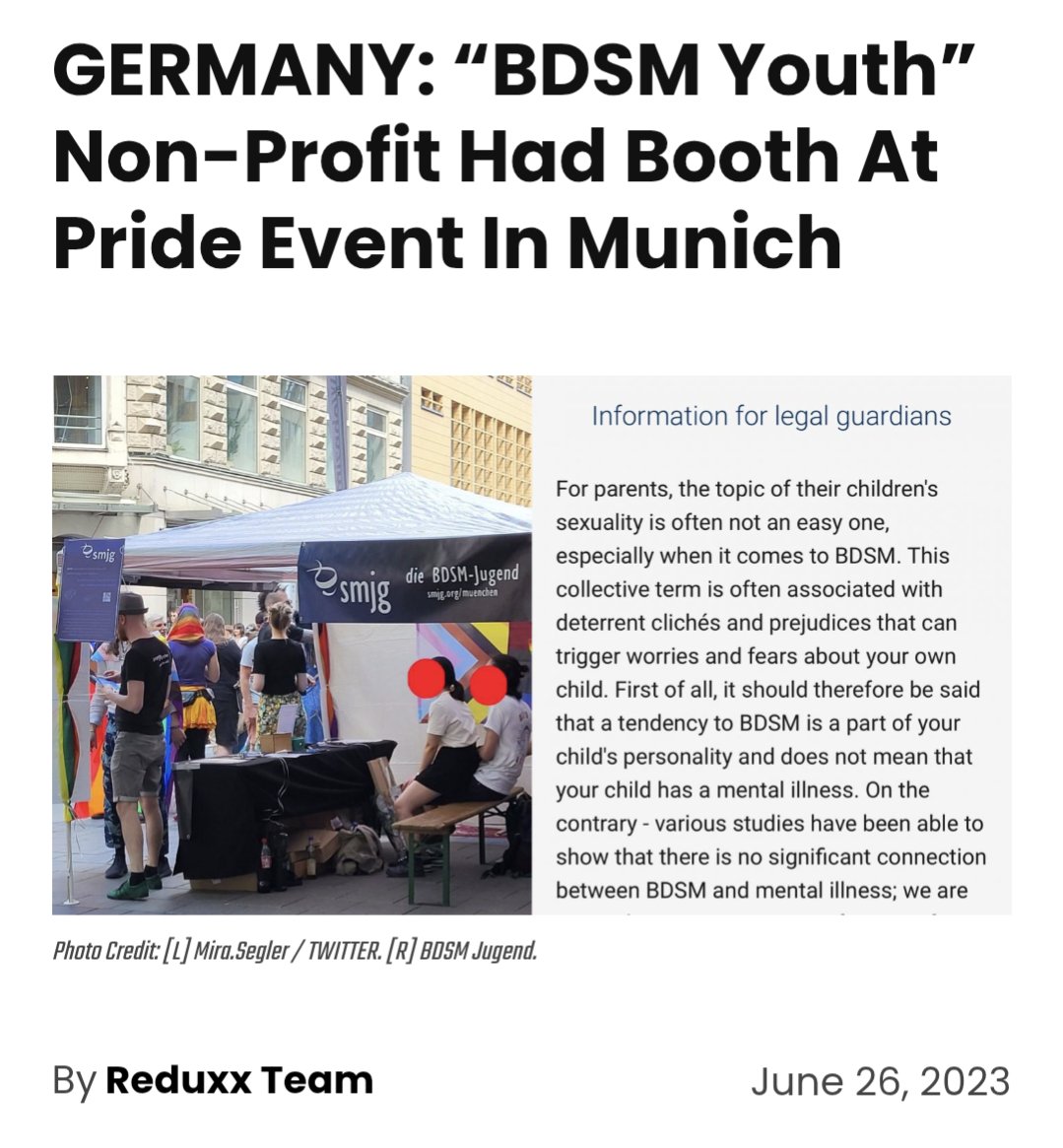 WomenReadWomen's tweet photo. A “BDSM Youth” group which promotes sadomasochism to teens was spotted at a #Pride event in Munich.

The organization, “BDSM Jugend,” is a registered non-profit that provides “youth work in the areas of BDSM and sex education.” 
https://t.co/8QLsSBY9xr https://t.co/EhJxIMzraw