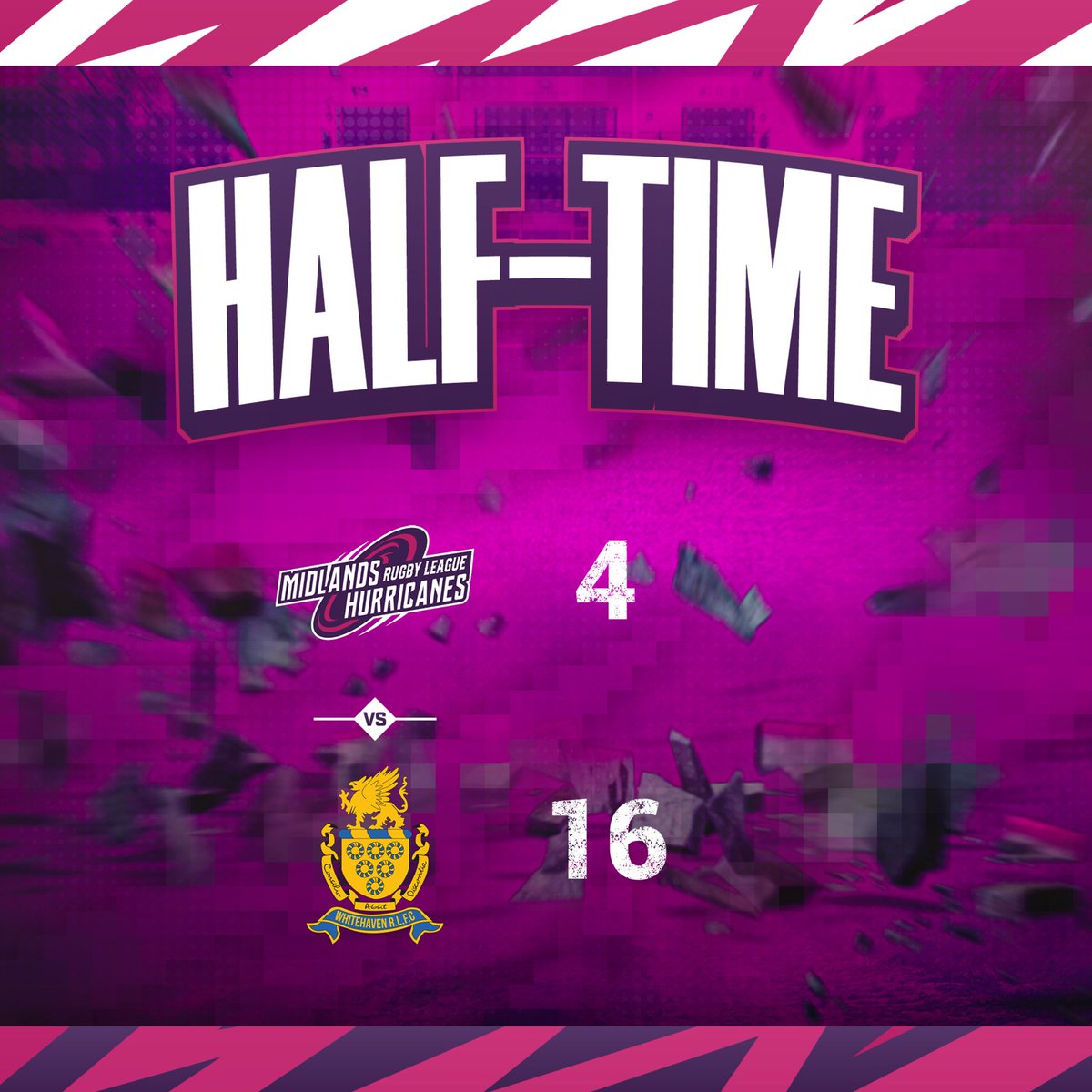 HurricanesRLFC's tweet photo. HALF-TIME 

Midlands Hurricanes 4-16 Whitehaven RLFC

A frustrating first half for the Canes as the visitors go into the sheds with a two-score lead. Plenty to do in the second half. 

Tries: Chrimes

Cons: Medforth (0/1) https://t.co/DUII0o6gc5