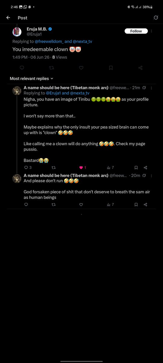 Localbread_'s tweet photo. @Eruja1 I thought we had an agreement for you not to run .

Coward 🤣🤣🤣🤣🤣 like the fool you are supporting. 

You have brought shame to your people 🤣🤣🤣🤣 https://t.co/FYIa1schT4