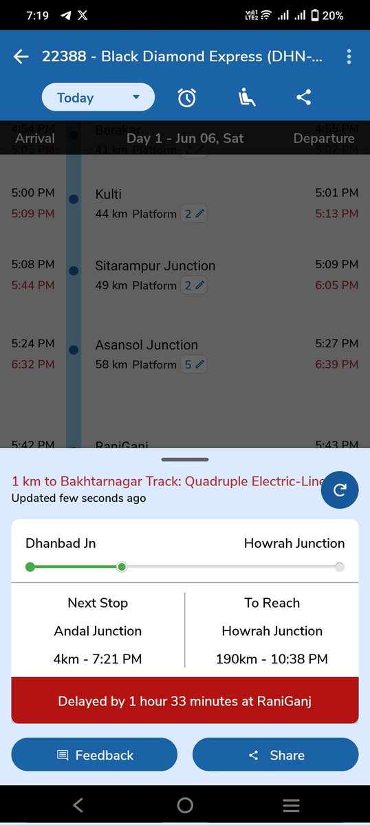 Aditya62914's tweet photo. @RailwaySeva @DrmAsansol @EasternRailway @RailwaySeva @DrmAsansol Train 22388 is getting delayed continuously. Although it departed from Dhanbad on time, it is now running more than 1 hour and 30 minutes late despite being a short distance train. @AshwiniVaishnaw please improve the condition of railways https://t.co/V4ilNy7tTE