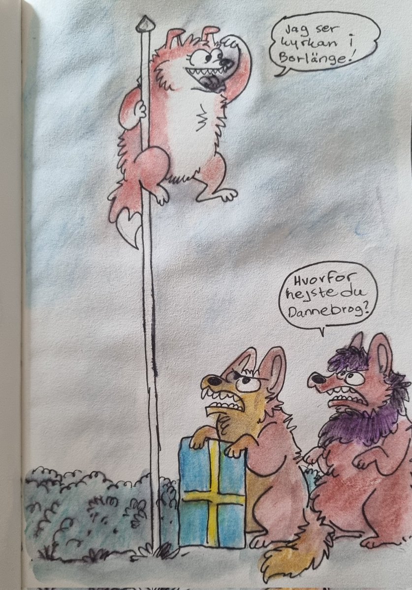 knarkhund's tweet photo. Happy Swedish national day 🇸🇪💙💛

Some more water colour practice, and also featuring @Wolfinden &amp; @Puckofluff 😂

Translation:
- I can see the church in Borlänge
- Why did you raise the Danish flag? https://t.co/CmQcz0u3Zr