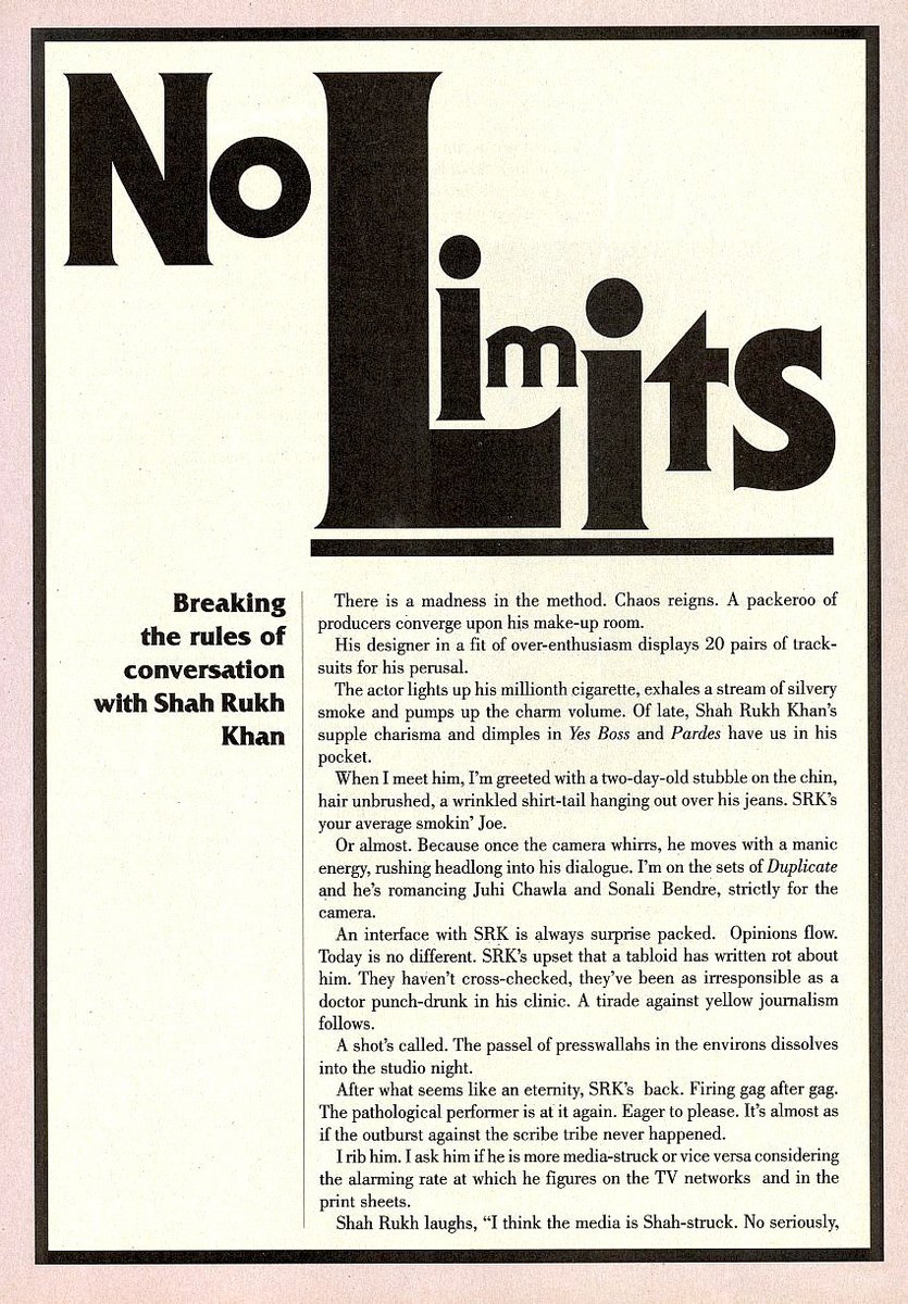 MHeerins's tweet photo. No Limits
An article from Filmfare magazine, October 1997. SRK gets angry at journalists, speaks affectionately of Juhi and Madhuri, and of the filming of Yess Boss, Pardes, etc. ➡️1/2 https://t.co/3Xjwjn8I4P