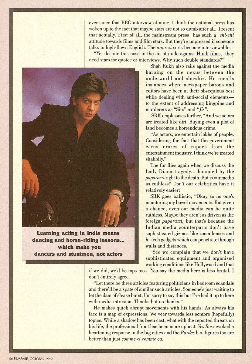 MHeerins's tweet photo. No Limits
An article from Filmfare magazine, October 1997. SRK gets angry at journalists, speaks affectionately of Juhi and Madhuri, and of the filming of Yess Boss, Pardes, etc. ➡️1/2 https://t.co/3Xjwjn8I4P
