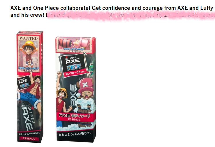 tusktwo's tweet photo. what do you mean one piece collaborated with axe 😭 https://t.co/4HbAWZY1Ez