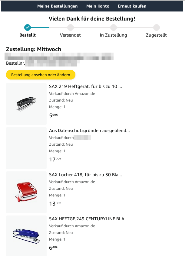 LinuxEmbed27's tweet photo. Finde ich übrigens ganz nett von Amazon, dass sie manche Artikel aus Datenschutzgründen ausblenden. 🤭
Aber dass man Bestellungen nicht mehr verstecken (a.k.a. archivieren) kann, ist trotzdem eine Frechheit. https://t.co/8SxpEOlavl