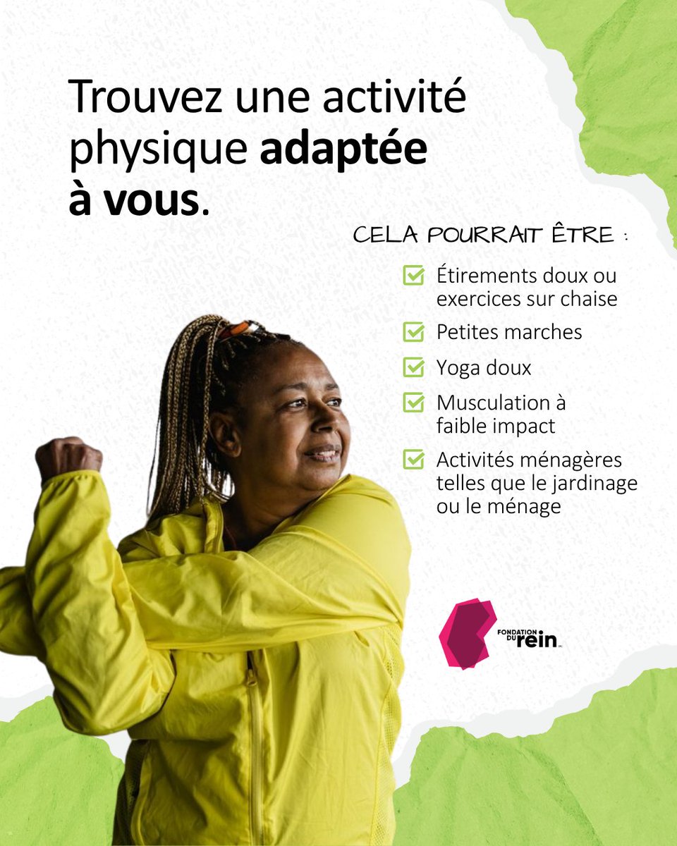 kidneycanada's tweet photo. L'activité physique est un élément essentiel de la prise en charge de la MRC. Encourager la pratique d'une activité physique adaptée et sans risque peut compléter le traitement médical et améliorer les résultats à long terme. Partagez pour sensibiliser : https://t.co/ThNGwk4wrc https://t.co/n96QBoNk1P