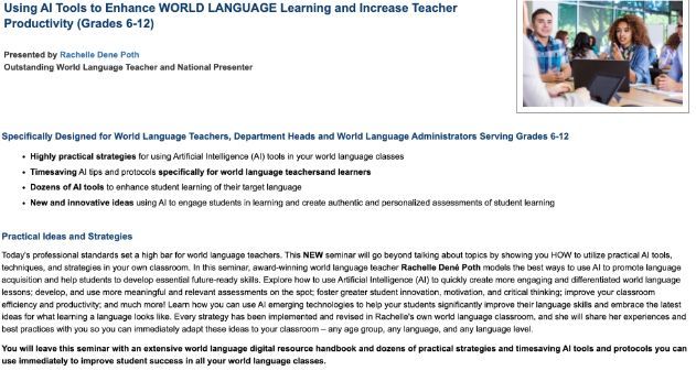 Rdene915's tweet photo. Looking forward to my AI seminar for world language educators coming up on June 25th. Learn more and register here: https://t.co/s215aw5PlT #education #langchat #languagelearning #AI #teaching #educacion @ACTFL https://t.co/uDhEzTMIE3