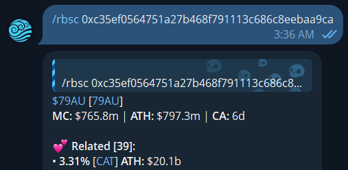 BigBlueBots's tweet photo. (2) $79AU on BSC is trading at $770m.
Using /rbsc and /sbsc on BBBOT returns the following data. Notably, /rbsc surfaces $CAT, with an ATH of $20B, as a token with the same holder base, indicating a strong relation between the two. https://t.co/O0X9toDKxs
