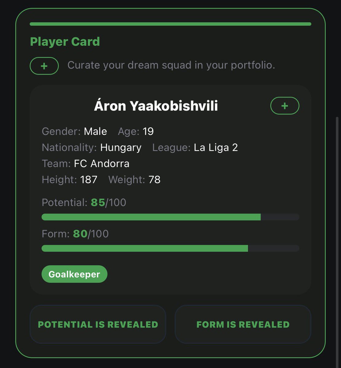 ScoutWiseAI's tweet photo. @FabrizioRomano 📊 ScoutWise on Áron Yaakobishvili 🇭🇺

Age: 19

📈 Potential: 85/100
📊 Form: 80/100

Not a name many fans are talking about yet.

But our model sees one of the more promising young goalkeepers currently developing in Spain. 👀 https://t.co/qFyKDW2DMs