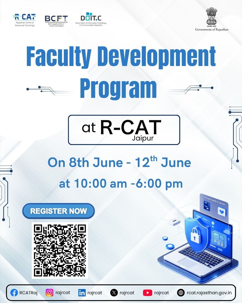 rajrcat's tweet photo. Learning never stops for those who inspire learning.

Be a part of the Faculty Development Program at R-CAT (8th–12th June) and gain valuable insights into cutting-edge technologies shaping tomorrow.

#RCAT #FDP2026 #FacultyTraining #EmergingTechnologies #CyberSecurity https://t.co/yWYB3Yqvch