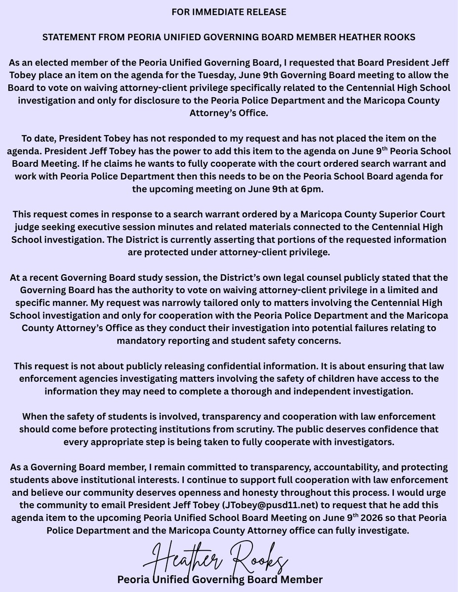 ThePeoriaMom's tweet photo. Contact PUSD School Board President Jeff Tobey &amp; request that he place an agenda item for the Tuesday, June 9th to allow a vote on waiving attorney-client privilege related to the Centennial High School investigation/exec session minutes tied to the Superior Court search warrant. https://t.co/2uICqLk0zu