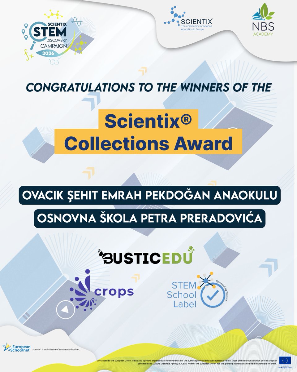scientix_eu's tweet photo. The #Scientix Collections Award winners are… 🎉
Ovacık Şehit Emrah Pekdoğan Anaokulu and Osnovna škola Petra Preradovića 🏆!
Supported by #BUSTICEDU & @cropsCS & @STEM_label, co-organised by @nbs_academy & Scientix
👉https://t.co/42D7Ajybmb https://t.co/FgXMXQgl29