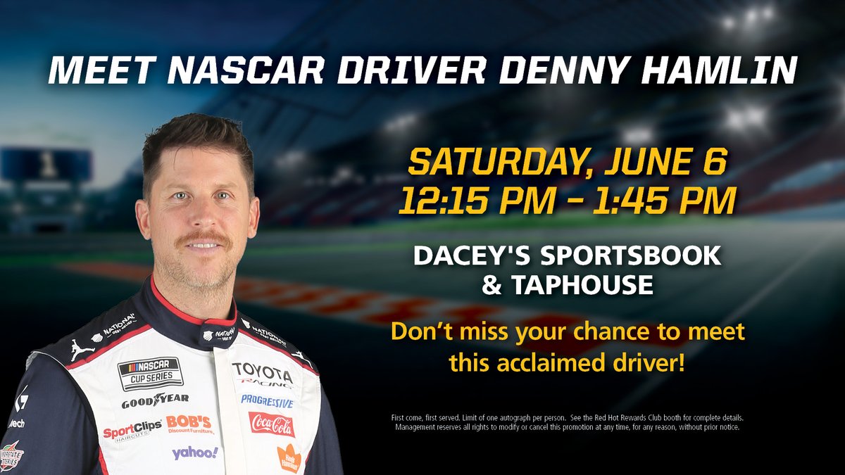 FireKeepers's tweet photo. 🏁 TODAY’S THE DAY 🔥

Denny Hamlin is at FireKeepers TODAY for a special Meet &amp; Greet at Dacey’s Sportsbook &amp; Taphouse!

NASCAR fans — pull up 👀 https://t.co/IZGfWaLGmM