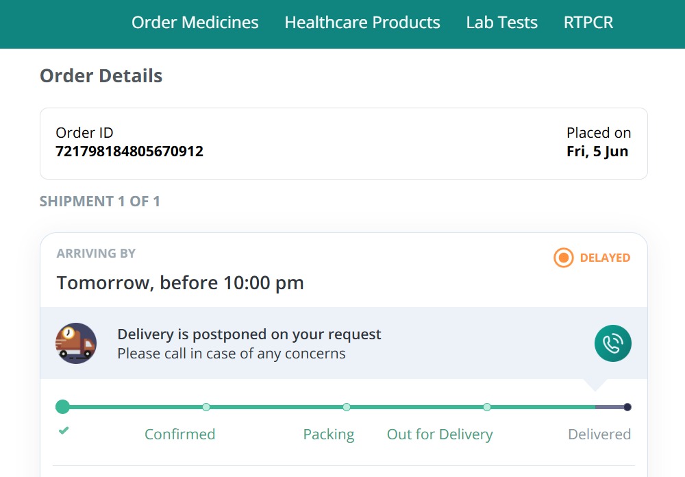 digunath's tweet photo. @pharmeasyapp Placed an order yesterday that promised same-day delivery. Then it changed to next-day (today). Now the guy called saying it’s delayed. Order status says delivery by tomorrow. This keeps happening and you are losing my trust. Fix this. Order ID: 721798184805670912 https://t.co/2rbWoZwN7y