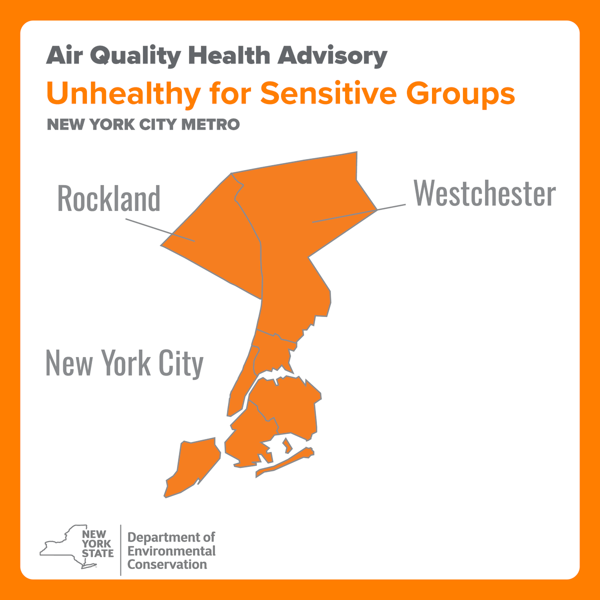 An air quality health advisory images showing the counties of Rockland, Westchester, and New York City as orange which means unhealth for sensitive groups.