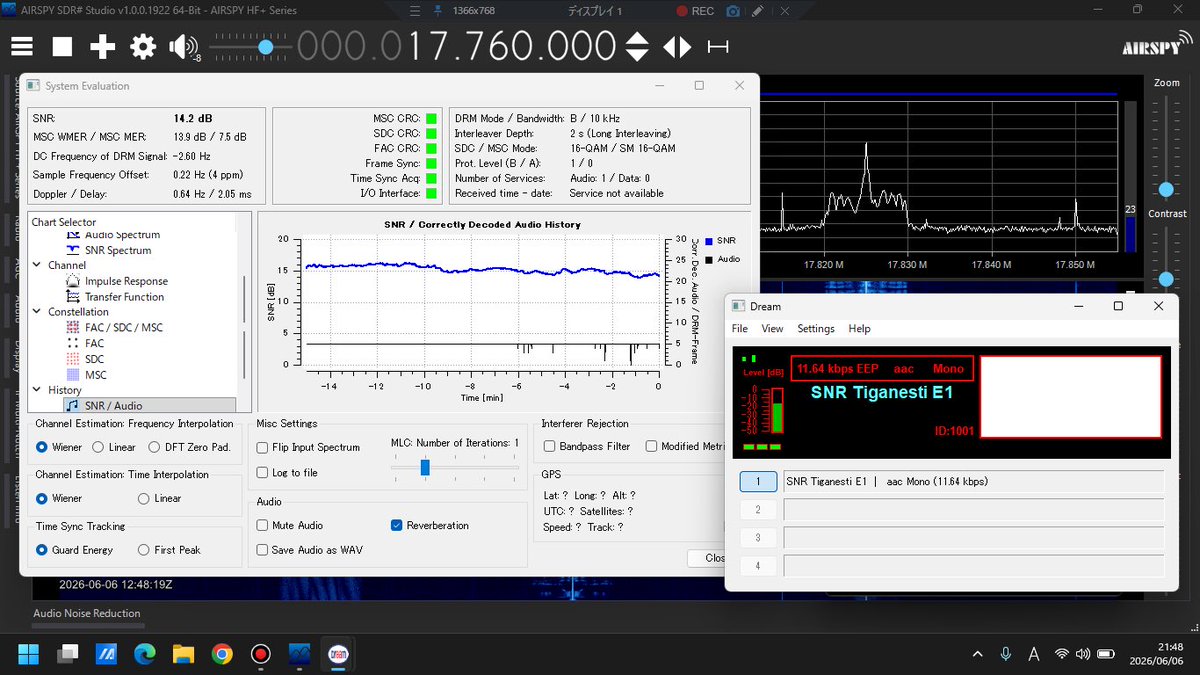 atake's tweet photo. Radio Romania International 17760kHz DRM (aac Mono), Chinese
Target area: China
Tx: SNR Tiganesti E1 🇷🇴(90kW Az67°)
Distance: 8,732km
12:38UTC (21:38JST)
Rx: Airspy HF+ Discovery + 7m random wire

#drmlog #shortwave #短波放送 https://t.co/ait6K5bjYS