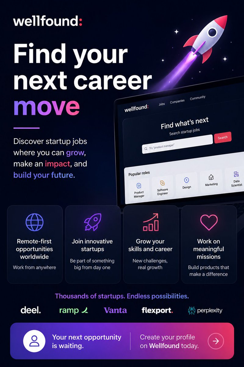 DeniSkrinnikov's tweet photo. Some people spend months sending resumes.

Others find their next opportunity through a single connection.

If you're considering a career change, explore Wellfound and discover startup opportunities from around the world.

Start here:
https://t.co/5hhawqDxbn

#OpenToWork https://t.co/Ic8dZXd44U