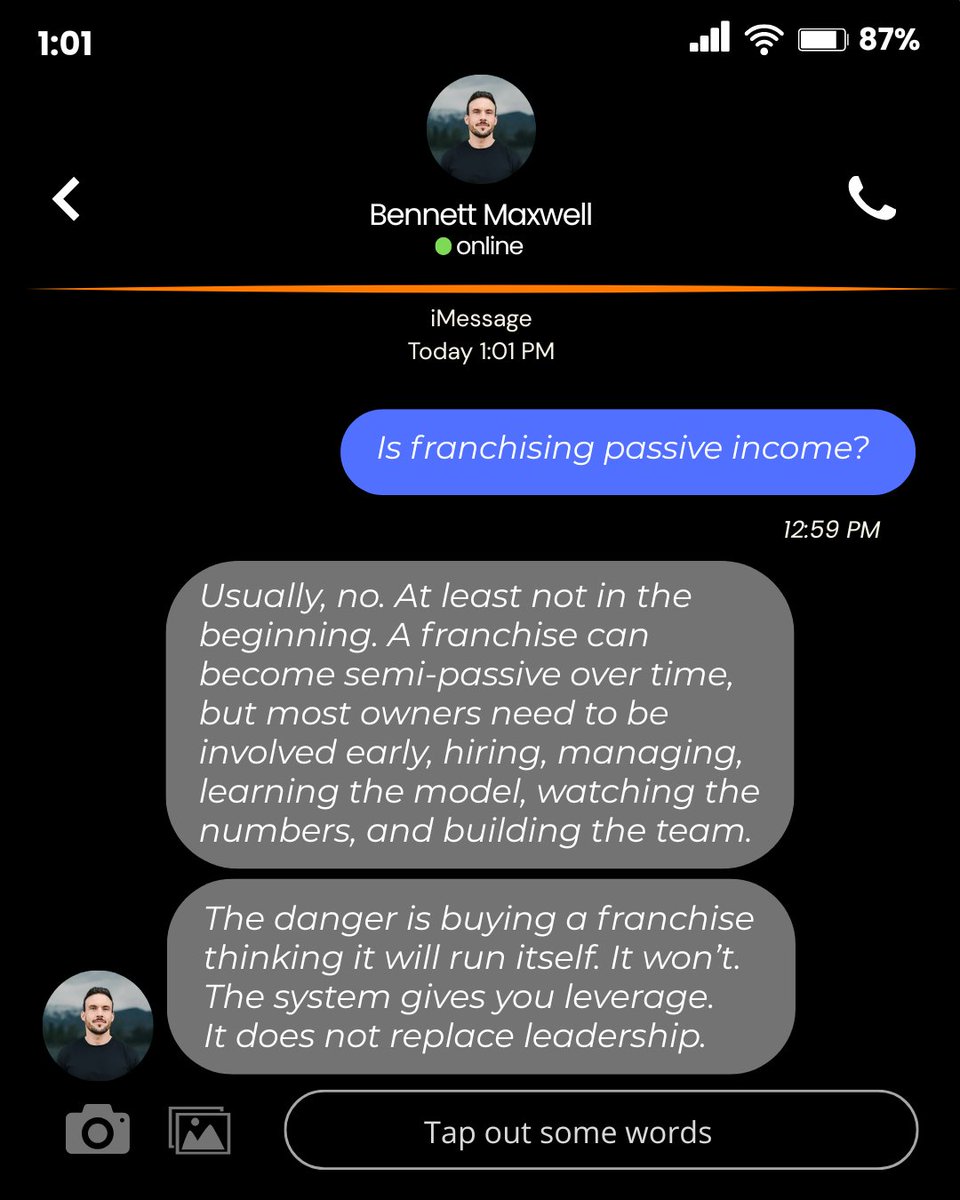 BennettMaxwell0's tweet photo. Most franchises don’t fail from lack of opportunity.
They fail from unrealistic expectations.

A franchise can create leverage over time.
But in the beginning, leadership still matters. https://t.co/YNID9CAPdr