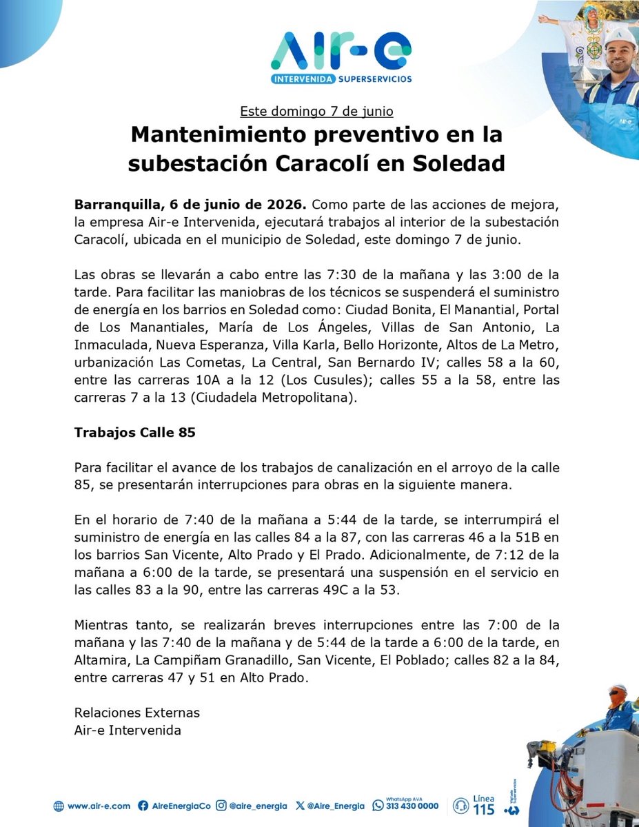 Aire_Energia's tweet photo. #MejorasProgramadas en #Atlántico 🌀
Este domingo 7 de junio se realizarán trabajos al interior de la subestación Caracolí, que alimenta varios sectores del municipio de #Soledad.
Asimismo, se ejecutarán labores eléctricas como parte del proyecto de canalización del arroyo de la calle 85, en el norte de #Barranquilla.
Trabajamos para ti.