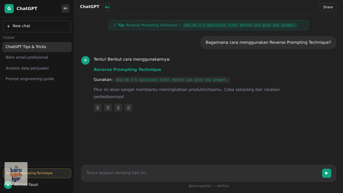 BaruNgehBjir's tweet photo. Bosen hasil jawaban ChatGPT terlalu generik? Coba teknik "Reverse Prompting". Tambahkan ini di akhir prompt: "Ask me 3-5 questions first before you give any answer." Trust me, hasilnya jadi jauh lebih relevan! 🎯 #ChatGPTTips https://t.co/Vwyt0NAtvW