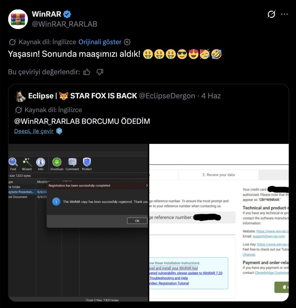 technotodaytr's tweet photo. WinRAR'ın popüler yazılım için ödeme yapan bir kişiye verdiği yanıt: https://t.co/9KPEJ8W7Ni