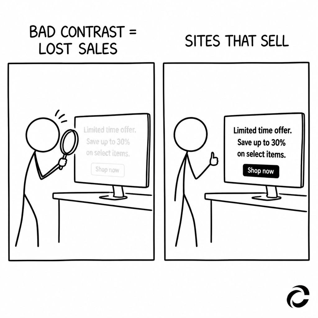 GetCybercom's tweet photo. Is your site usable? 🛑 Low color contrast is the #1 mistake killing SEO and sales. We build 'Sites That Sell' for EVERYONE. Inclusive design = more profit. 🚀 Comment 'INFO' for a quick audit! 📞 #SEO #WebDesign #UX https://t.co/AfpcFFGdms