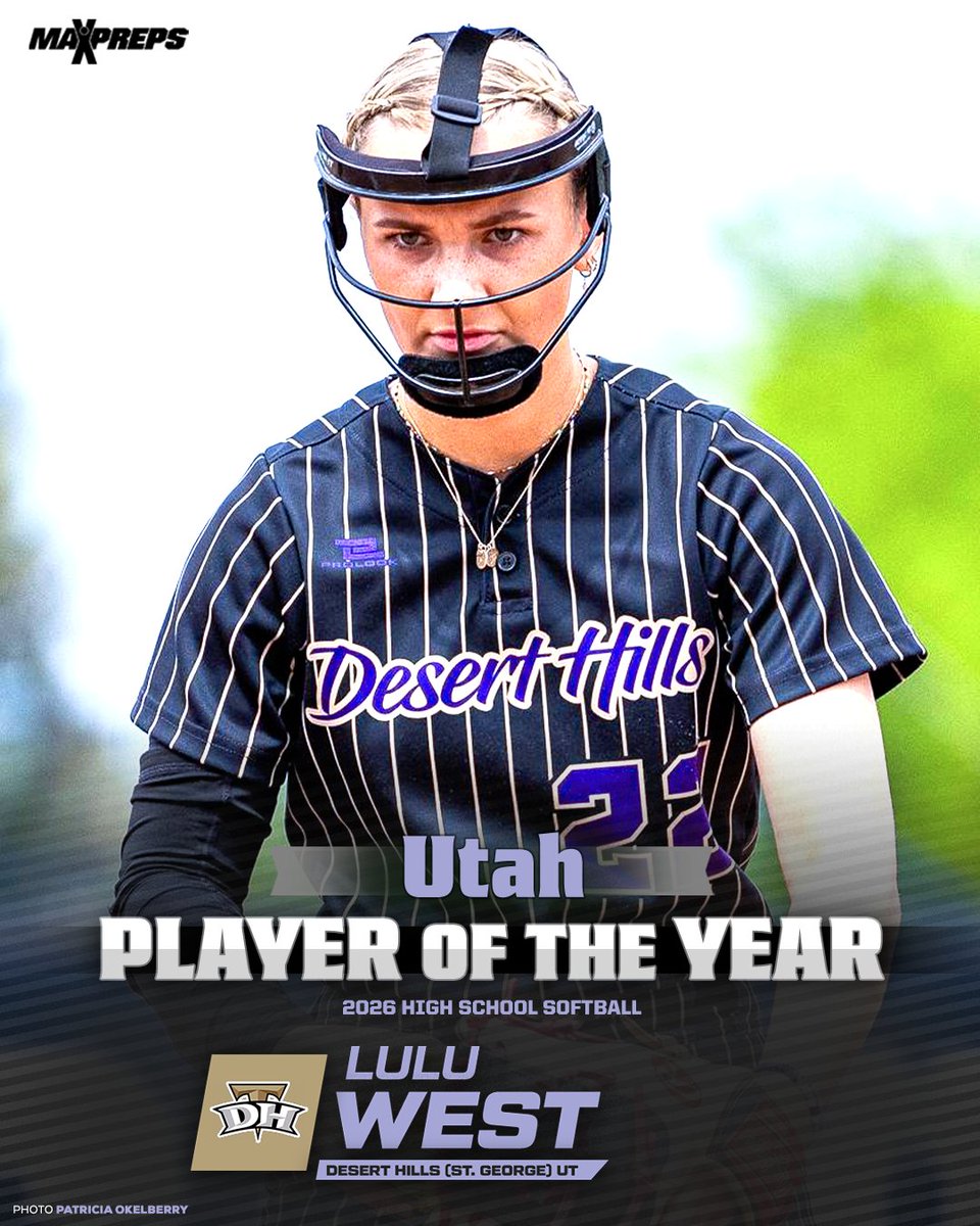 MaxPreps's tweet photo. UConn signee Lulu West (@LuluWest2026) earned Utah Player of the Year honors after winning 20 games, striking out 195 batters, batting .421, and hitting 10 home runs for state champion Desert Hills. 🥎🏆

Full list of POY winners ⬇️
https://t.co/qZjVDmYvkR https://t.co/z3NpuIyLNo