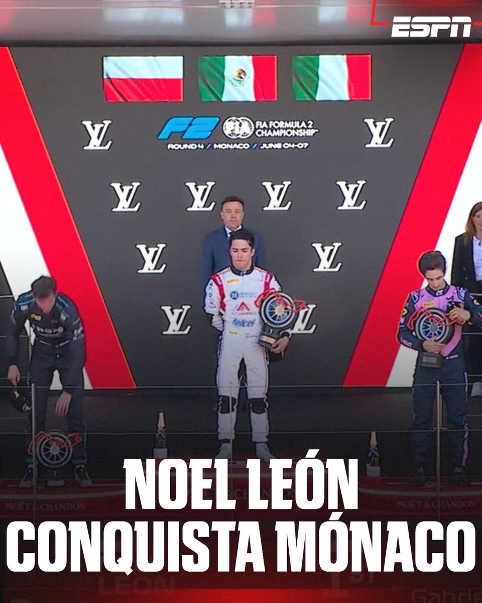 ESPNmx's tweet photo. ¡UN TRIUNFO PARA LA HISTORIA! 🤩 🇲🇽 

1,469 días después el Himno Nacional Mexicano vuelve a sonar en Mónaco 👏

Noel León conquistó la Sprint de F2 https://t.co/pYnNV0B8tM