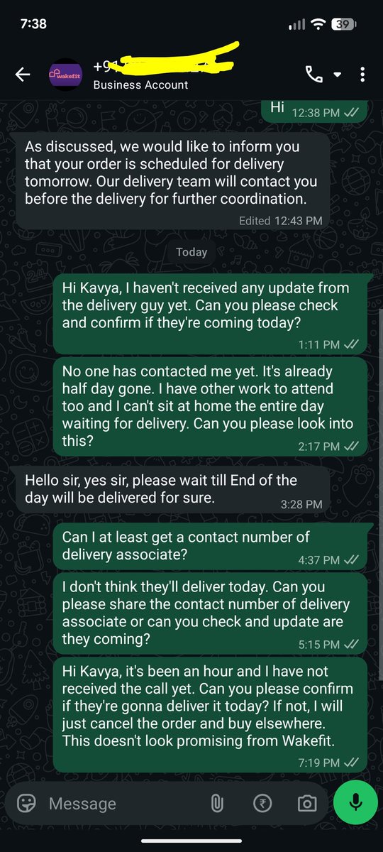Kbashaa3's tweet photo. @Ankit_AGarg what a joke, @SupportWakefit closes at 6pm. Delivery by 9pm and there's no update yet from the delivery team. Now the customer is just left hanging without any replies 👏🏻 please don't buy from @WakefitCo  warning ⚠️⚠️⚠️ https://t.co/t8daL8pBQR