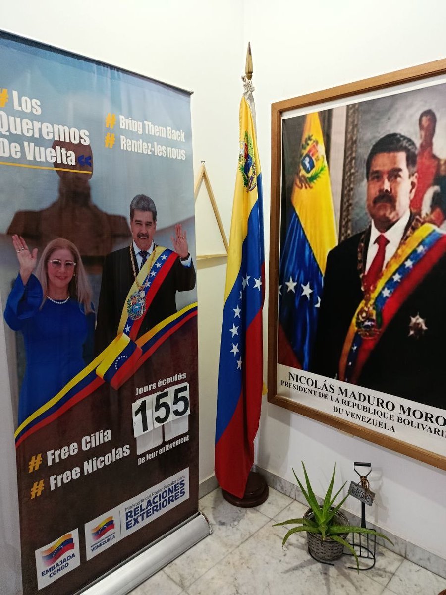EmbCongo_ve's tweet photo. A 155 días del secuestro del presidente Nicolás Maduro y la primera dama Cilia Flores, seguimos exigiendo su liberación y regreso a tierras bolivarianas.  
@Cancilleria_ve @yvangil @ypimentel2021 
#BringThemBack
#FreeThemNow
#FreeMaduro
#FreeCilia https://t.co/Q1u0zq1w4o