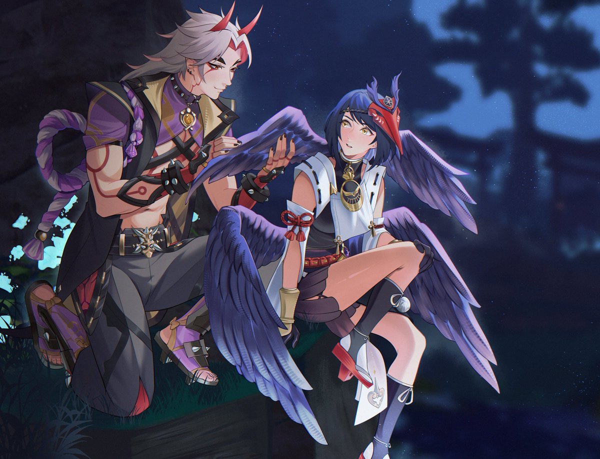 chubbyychocobo's tweet photo. commissioned @_neimana for #ittosara art,  and it turned out beautifully 🥹

i’ve always wanted to see itto touch sara’s wings in an intimate moment 💓 https://t.co/jLQVMZRkfd