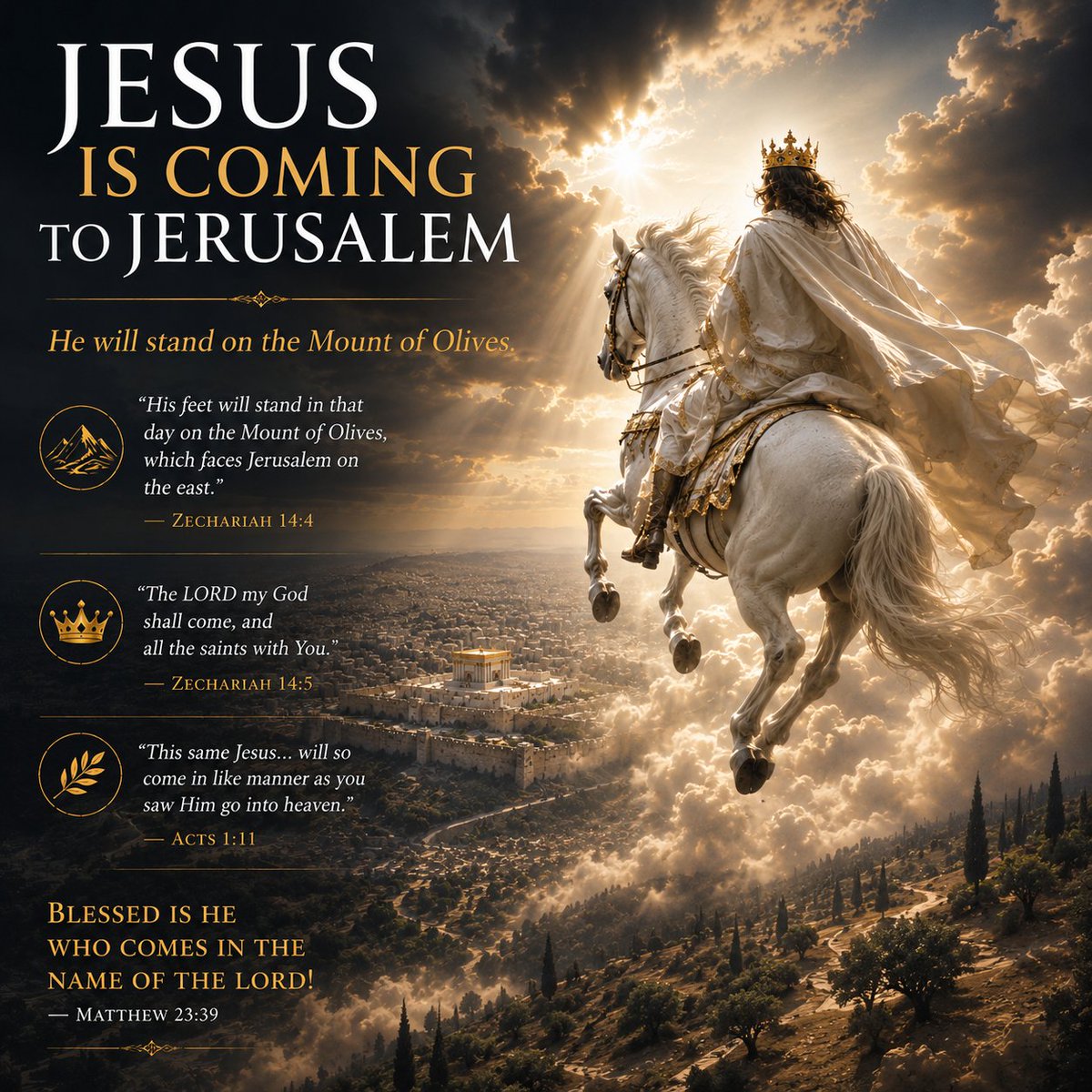 Mark_Wilson_25's tweet photo. If Jerusalem No Longer Matters, Why Is Jesus Coming Back There?

If the Church is now Israel, if the Kingdom is only spiritual, and if God's promises to Jerusalem have already been fulfilled, then a simple question remains:

Why is Jesus returning to Jerusalem?

Not Rome.

Not Athens.

Not Geneva.

Not Washington.

Jerusalem.

The answer reaches back thousands of years into the covenants and promises of God.

The story of Jerusalem did not begin with the Second Coming. It began with covenants.

God promised Abraham a land:

"I will give to you and your descendants after you... all the land of Canaan, as an everlasting possession."
— Genesis 17:8
He promised David a throne:

"Your house and your kingdom shall be established forever before you. Your throne shall be established forever."
— 2 Samuel 7:16

And He promised Israel a future restoration:
"I will take you from among the nations... and bring you into your own land."
— Ezekiel 36:24

The return of Jesus is not the cancellation of these promises.

It is their fulfillment.

Centuries after David, the angel Gabriel announced that Jesus would fulfill the Davidic Covenant:

"The Lord God will give Him the throne of His father David."
— Luke 1:32

Gabriel did not say the throne would be spiritualized.

He did not say the promise would be transferred.

He did not say the covenant would be redefined.

He said Jesus would receive David's throne.
David's throne was in Jerusalem.

The prophets never moved it.

The apostles never moved it.

And God never revoked it.

The Bible repeatedly presents Jerusalem as the focal point of the final conflict of history.

"I will gather all the nations against Jerusalem to battle."
— Zechariah 14:2

Jerusalem becomes the center of international hostility and spiritual warfare.

Why?

Because Jerusalem is the city God chose.

Because Jerusalem is the city of the King.

Because Jerusalem is the city from which Messiah will reign.

Satan's hatred for Jerusalem is ultimately a hatred for God's covenant purposes.

As Zechariah declares:

"I will make Jerusalem a very heavy stone for all peoples."
— Zechariah 12:3

The city that burdens the nations today is the city that will one day govern them.

Yet the story does not end with Jerusalem's defeat.

It ends with Jerusalem's deliverance.

"The LORD my God shall come, and all the saints with You."
— Zechariah 14:5

Zechariah then gives one of the most astonishingly specific prophecies in Scripture:

"His feet will stand in that day on the Mount of Olives, which faces Jerusalem on the east."
— Zechariah 14:4

This is not vague symbolism.

This is geography.

The same mountain from which Jesus ascended is the mountain to which He returns.

The angels told the disciples:

"This same Jesus... will so come in like manner as you saw Him go into heaven."
— Acts 1:11

The ascension was literal.
The return will be literal.

Ezekiel adds another remarkable detail:

"This is the place of My throne and the place of the soles of My feet, where I will dwell among the children of Israel forever."
— Ezekiel 43:7

God's throne.

God's feet.

Israel.

Jerusalem.

The prophets consistently point to the same destination.

The prophets also describe Jerusalem as the capital of the Messianic Kingdom.

"Out of Zion shall go forth the law, and the word of the LORD from Jerusalem."
— Isaiah 2:3

"For out of Zion the law shall go forth, and the word of the LORD from Jerusalem."
— Micah 4:2

The nations will come to Jerusalem to learn the ways of the King.

This is not a picture of the nations disappearing into heaven.

It is a picture of the King ruling the earth.

Some argue these promises were fulfilled spiritually in the Church.

Yet the same prophets who predicted Messiah would be born in Bethlehem:

"But you, Bethlehem Ephrathah..."
— Micah 5:2

also predicted He would reign from Jerusalem.

If Bethlehem was literal, why should Jerusalem suddenly become symbolic?

Arnold Fruchtenbaum wisely observed:

"If the words Jerusalem, Zion, Israel, and Jacob do not mean what they normally mean, then language itself becomes meaningless."

That is precisely the issue.

When the prophets spoke of Jerusalem, they meant Jerusalem.

When they spoke of David's throne, they meant David's throne.
When they spoke of Israel, they meant Israel.

And when they spoke of Messiah reigning from Zion, they meant Zion.

The world calls Jerusalem a problem.

God calls it His chosen city.

The nations seek to divide it.

Jesus is coming to rule from it.

"The LORD has chosen Zion; He has desired it for His dwelling place: 'This is My resting place forever.'"
— Psalm 132:13–14

The King is coming back to the city that rejected Him.

But He will not return merely as a suffering servant.
He will return as the Son of David, King of kings, and Lord of lords.

And Jerusalem will finally say:

"Blessed is He who comes in the name of the Lord!"
— Matthew 23:39