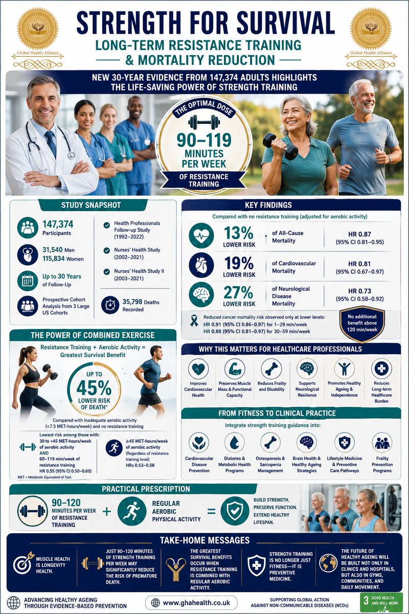 GHA_Foundation's tweet photo. 🏋️‍♂️ Strength training is medicine.

A 30-year study of 147,374 adults showed resistance training significantly reduced mortality risk especially cardiovascular &amp; neurological deaths.

Muscle health = longevity health.

🌐 https://t.co/E7BWXvYojn
📄 https://t.co/hGM32gOkD4 https://t.co/PaUFrNQCA6